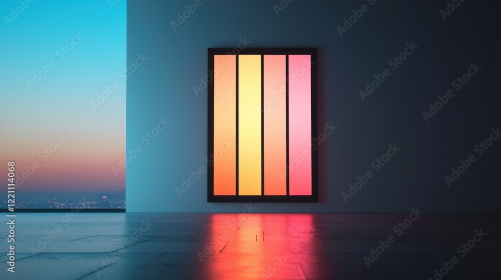 Poster abstract window design with soft color gradients illustrating market saturation concept at dusk in m