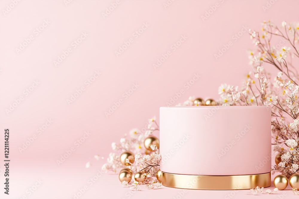 Poster stylish podium in matte pink with gold trim is elegantly displayed on a soft gradient pink backgroun