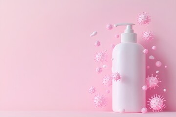 Sanitizer bottle displays glowing droplets while neutralizing bacteria symbols against a clean pastel backdrop. Perfect for educational material and health awareness