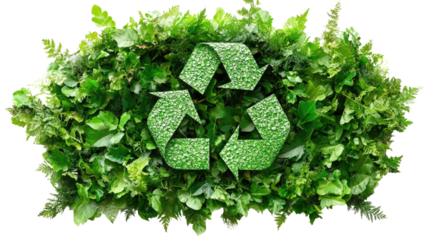 Eco-Friendly Symbol: A vibrant green recycling symbol made of leaves, conveying an eco-friendly message. This symbolic image highlights environmental awareness and sustainable living.