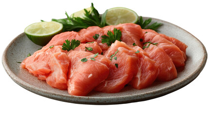 Fresh Salmon on a Plate: A close-up shot of fresh, succulent salmon pieces elegantly arranged on a rustic plate, garnished with vibrant lime and fresh herbs, evoking a sense of culinary delight.
