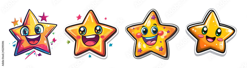 Poster four cheerful cartoon stars with happy faces and various styles showcase vibrant colors and joyful e