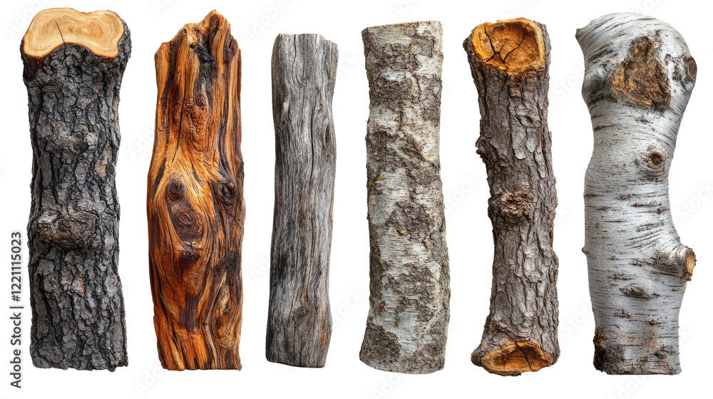 Poster textures of timber: a collection of diverse timber logs, each with unique textures and patterns, sho