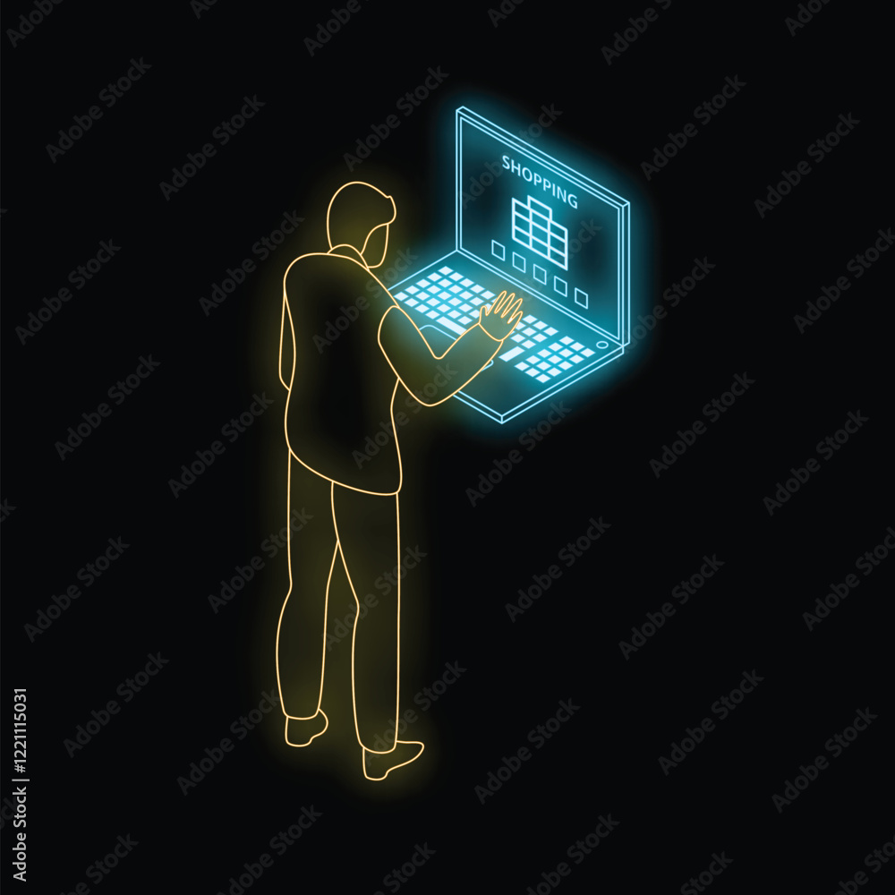 Wall mural Neon style illustration of a businessman shopping online using his laptop computer