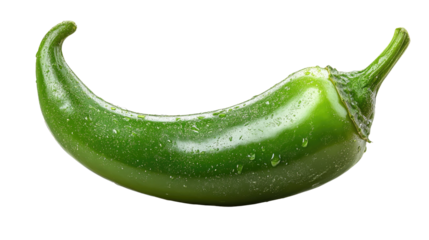 Green Jalapeño: A single, vibrant green jalapeño pepper, showcasing its smooth, glossy skin and distinct curved shape, perfect for representing culinary themes.
