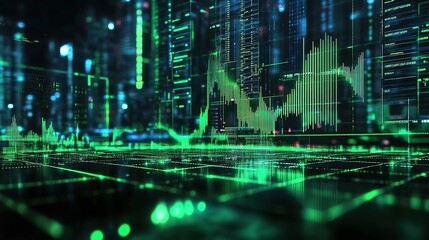 A stylized financial chart with green tones, displaying upward and downward trends. Panoramic abstract backdrop with stock market growth/down, digital financial chart graphs and indicators.