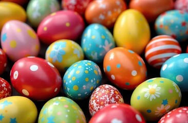 Fototapeta premium A delightful collection of rainbow-colored Easter eggs is beautifully displayed, showcasing various patterns and designs