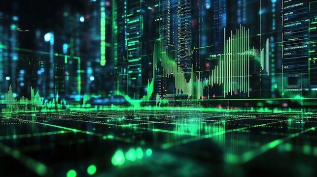 A stylized financial chart with green tones, displaying upward and downward trends. Panoramic abstract backdrop with stock market growth/down, digital financial chart graphs and indicators.