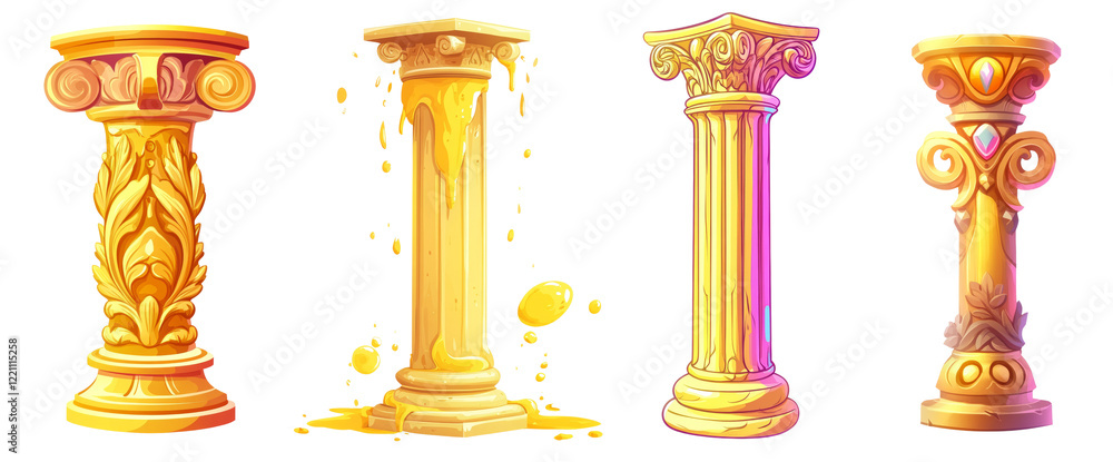 Poster an illustration showcases four distinct golden pillars representing various architectural styles and