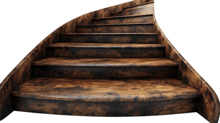 Wooden Staircase to Success: An old and weathered, winding staircase ascends into the unseen, symbolizing progress, potential, and the journey ahead.