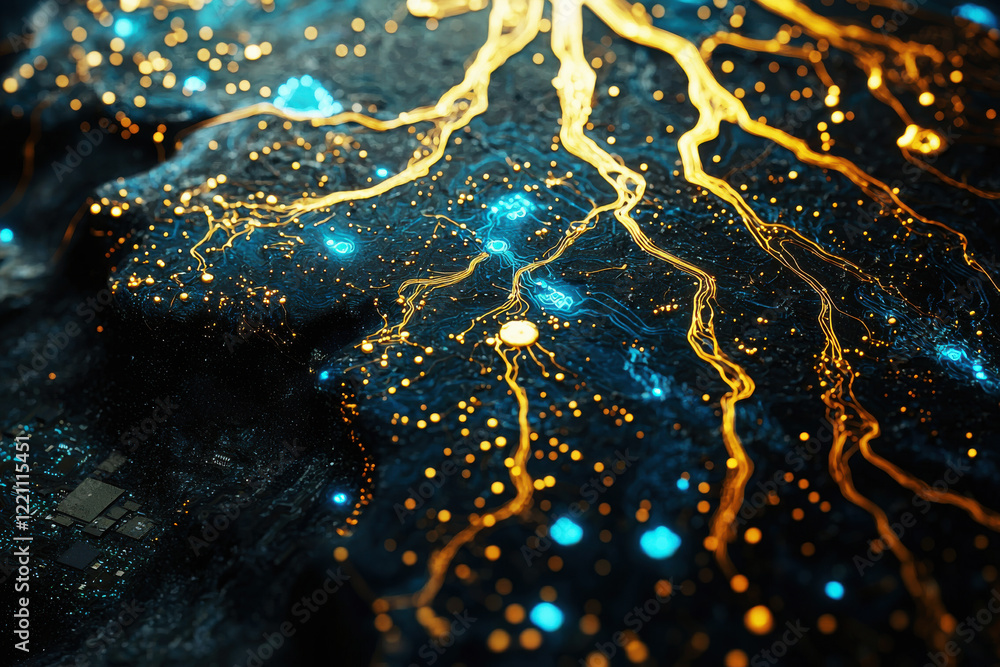 Poster intricate macro view of a neural chip showcasing gold circuitry and blue accents against a textured 