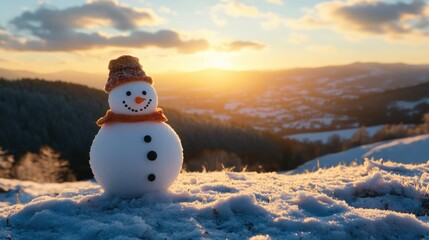 Fototapeta premium Snowman Sunset Mountain Winter Landscape Scene