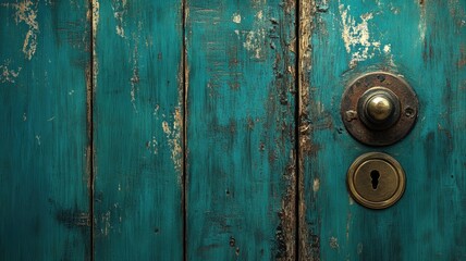 Fototapeta premium Vintage turquoise wooden door with brass knob and lock