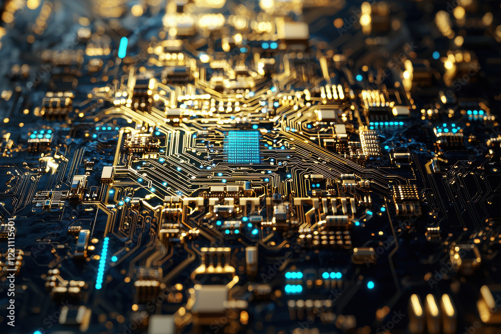 Poster detailed macro view of an innovative neural chip showcasing intricate gold circuitry and luminous bl
