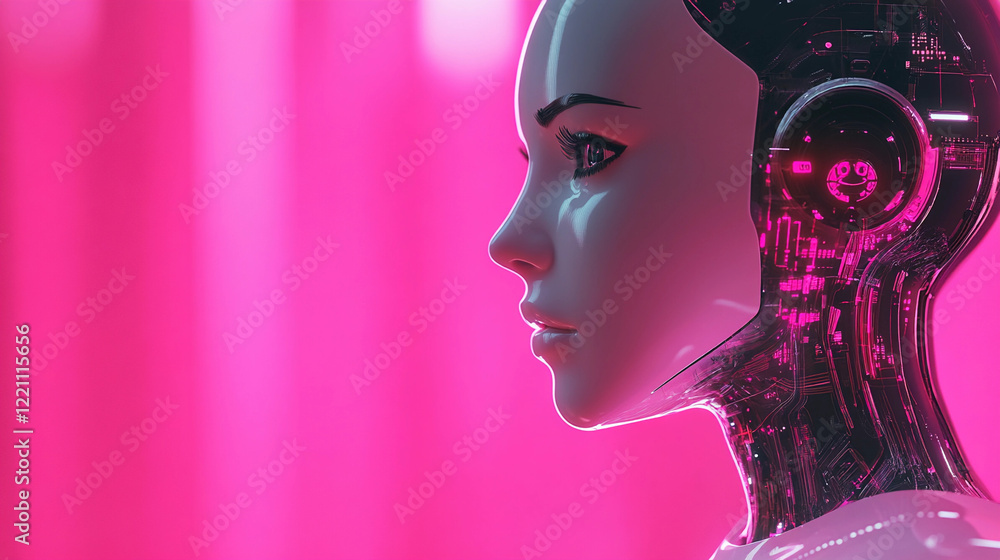 Poster exploration of artificial intelligence with a futuristic humanoid robot against a vibrant pink backd