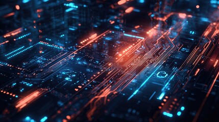 Obraz premium Futuristic Digital Circuit Board with Glowing Blue and Red Lights