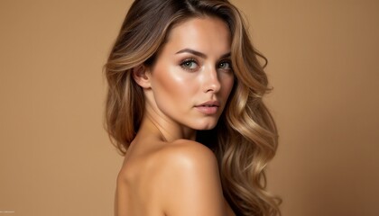 Close-up portrait of a young woman with long, soft blonde hair and calm expression, set against a warm brown background.	
 - obrazy, fototapety, plakaty