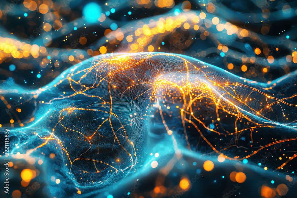 Poster vibrant macro view of interconnected neural pathways glowing in blue and gold tones