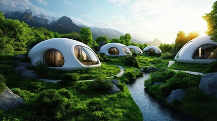 Innovative eco-friendly dome homes serene mountain valley architectural landscape natural environment aesthetic viewpoint