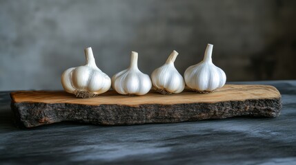 Four Fresh Garlic Bulbs on Rustic Wooden Board