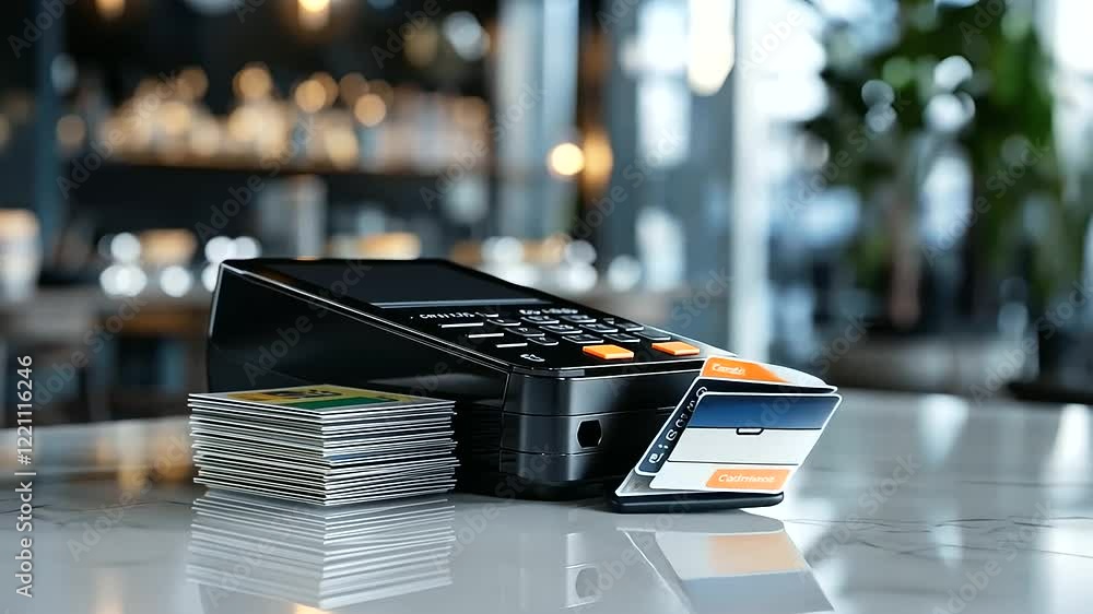 Poster a sleek pos device and an orderly stack of credit cards are placed on a smooth white countertop with