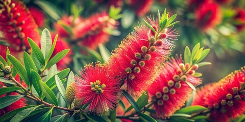 Vintage Photo of Callistemon Plant in Full Bloom, Vibrant Red Flowers