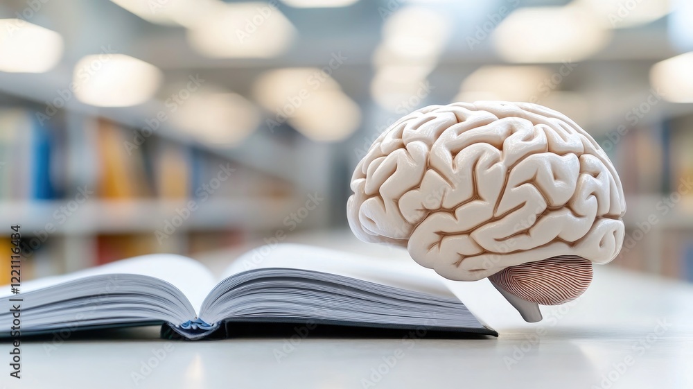 Poster brain model and open book in library setting symbolizing knowledge learning