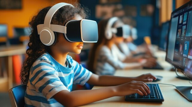 Kids using VR headsets and computers in classroom, technology education