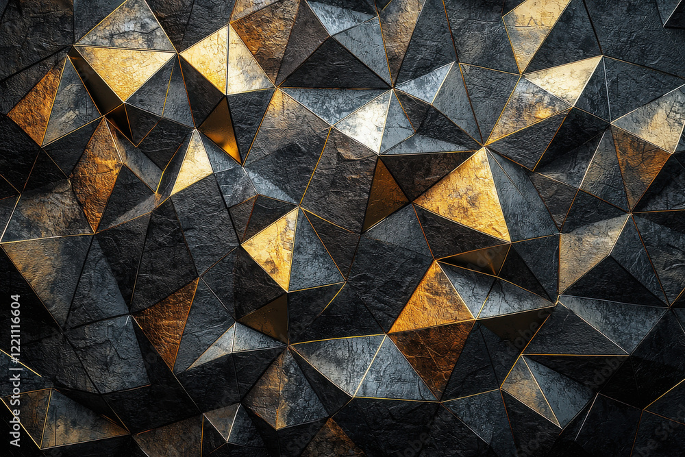 Poster luxurious overlapping polygons in metallic gold and silver on a dark textured background create a sh