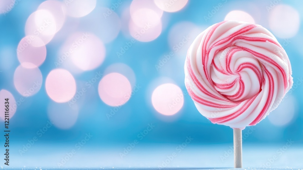 Poster close-up of red and white swirled lollipop with bokeh background