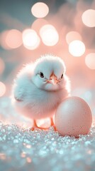 Adorable Fluffy Chick Beside a Delicate Pink Egg on Sparkling Surface