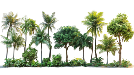 Lush Tropical Array: A vibrant and diverse collection of tropical trees and plants thrives, each displaying unique foliage and characteristics, a symbol of nature's abundance.
