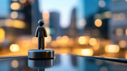 Metallic figure in blurred cityscape background