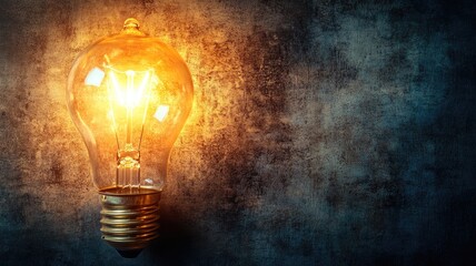 Glowing incandescent light bulb against grungy textured wall