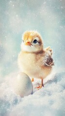 Adorable Fluffy Chick in Snowy Wonderland with Egg