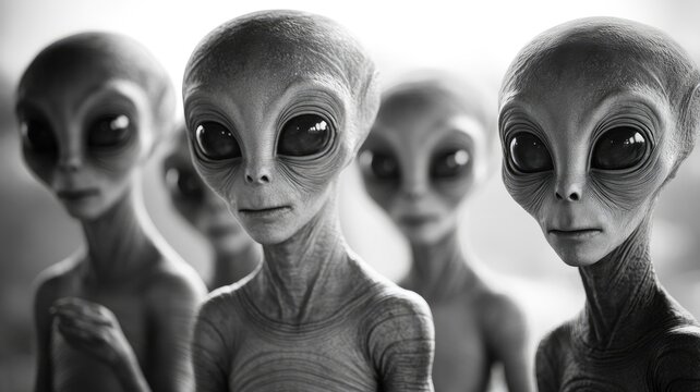 Group of gray aliens with large black eyes, monochromatic background