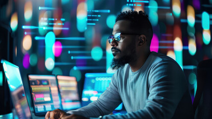 Fototapeta premium focused music producer works in modern studio, surrounded by vibrant visualizations and digital interfaces, creating beats and sounds