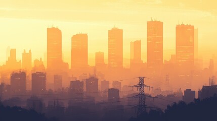 Modern city covered in a brownish smog layer, skyscrapers barely visible in the murky air, [urban haze], [pollution crisis]. 