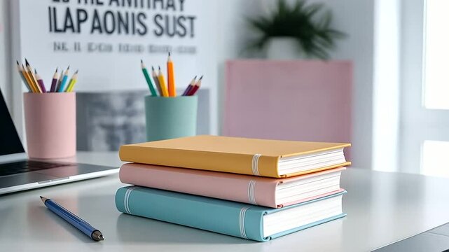 A stack of vibrant notebooks on a white desk surrounded by pens, a laptop, and a motivational quote on the wall in the background.