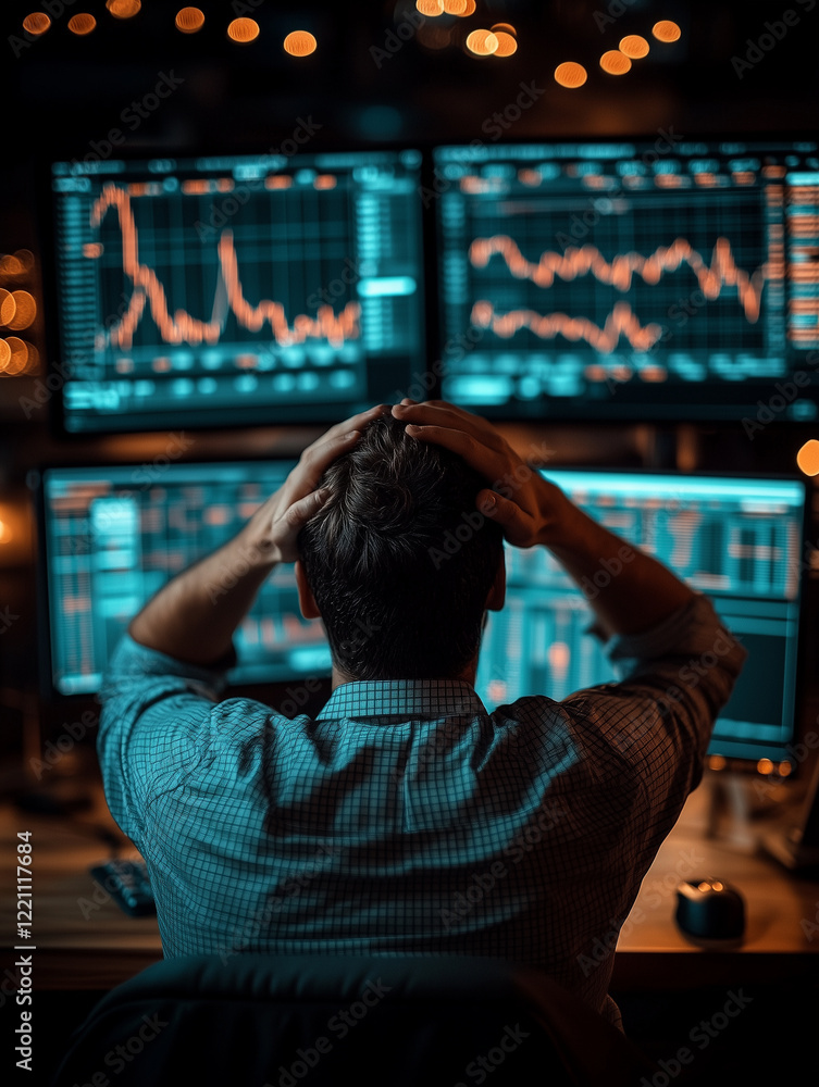 Aufkleber man in office experiencing stress while analyzing financial data on multiple screens, surrounded by 