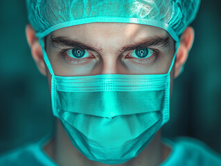 focused surgeon in scrubs and mask, showcasing determination and precision. bright blue eyes convey sense of urgency and professionalism in medical environment