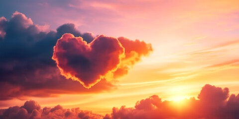 A stunning sunset features a heart-shaped cloud against colorful skies, evoking feelings of love and tranquility.