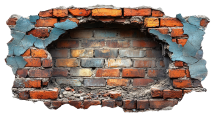 Rustic brick wall damaged with blue paint: An old, weathered brick wall showcases a hole in its center, surrounded by remnants of peeling blue paint.