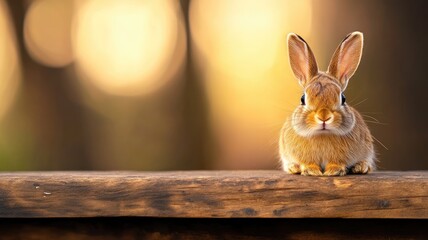 Cute bunny sitting on wooden plank with blurred background
