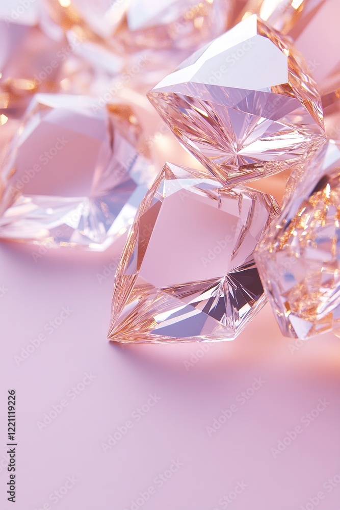 Poster a surface covered with faceted diamonds and golden shapes glistens under soft pink light, creating a