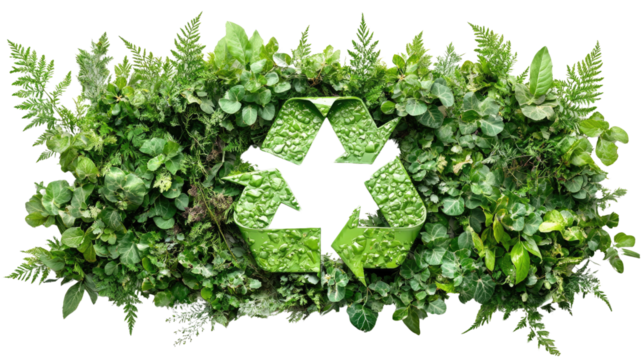 Eco-Friendly Recycling: A vibrant composition of lush green foliage forms a recycling symbol, symbolizing environmental preservation and sustainable practices.