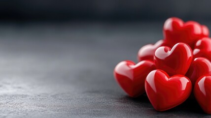 Fototapeta premium Red heart-shaped objects placed together on dark background