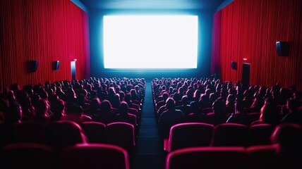 Fototapeta premium People in dimly lit theater watching movie screen
