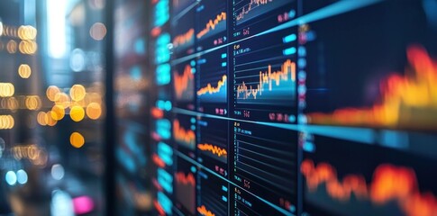 Abstract financial data visualization with colorful graphs and statistics on digital screens for market analysis and investment insights