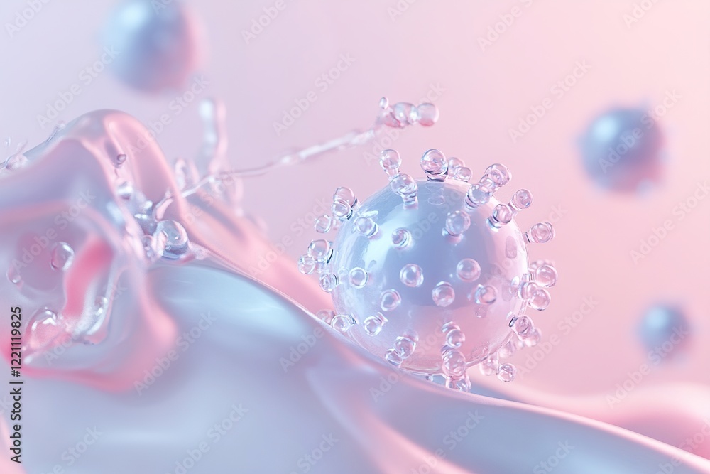 Poster floating within a liquid-like environment, a detailed virus displays refracted light and soft hues o